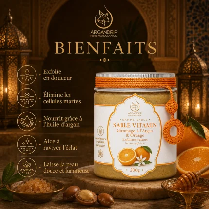 Gommage Sable Vitamin ArganDrip — bienfaits exfoliants à l’orange, miel et huile d’argan