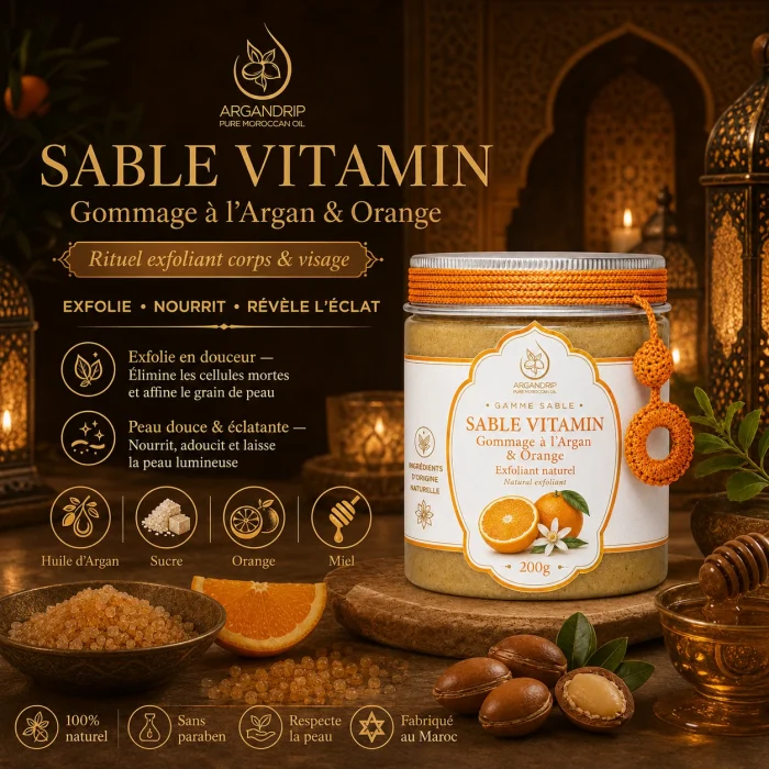 Texture du gommage Sable Vitamin ArganDrip — exfoliant naturel à l’orange et au miel