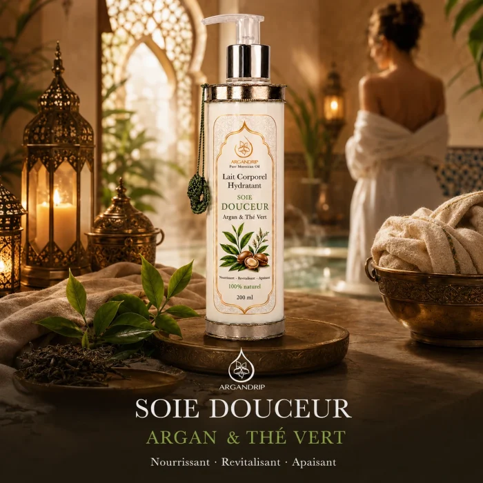 Lait corporel Soie Douceur Argan & Thé Vert ArganDrip — rituel marocain frais et apaisant