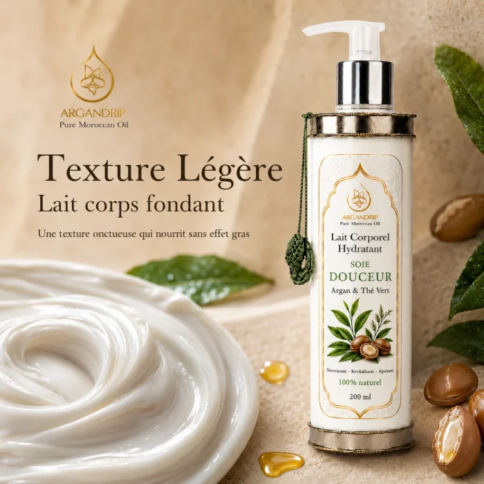 Lait corporel Soie Douceur Argan & Thé Vert ArganDrip — texture légère et fondante