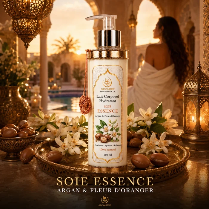 Lait corporel Soie Essence Argan & Fleur d’Oranger ArganDrip — rituel marocain floral et relaxant
