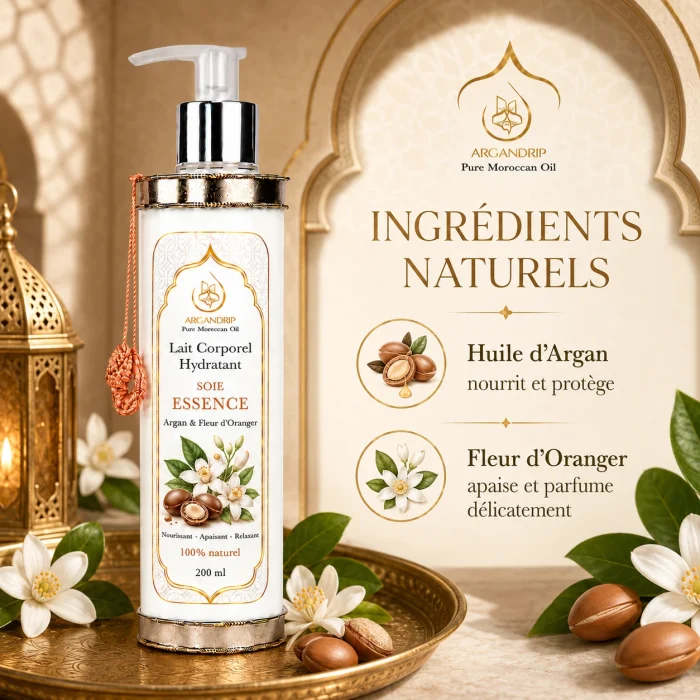 Lait corporel Soie Essence Argan & Fleur d’Oranger ArganDrip — huile d’argan et fleur d’oranger