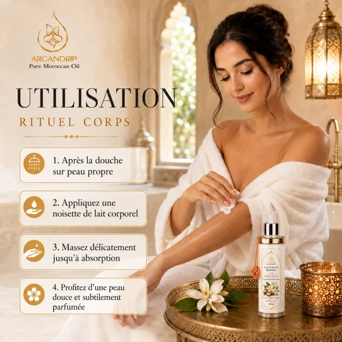 Lait corporel Soie Essence Argan & Fleur d’Oranger ArganDrip — rituel corps après la douche