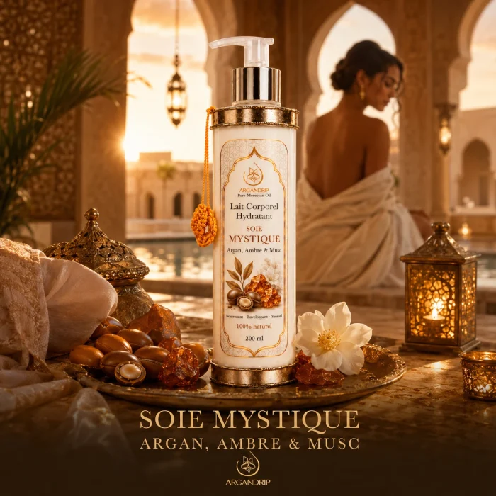 Lait corporel Soie Mystique Argan Ambre & Musc ArganDrip — rituel marocain chaud et sensuel