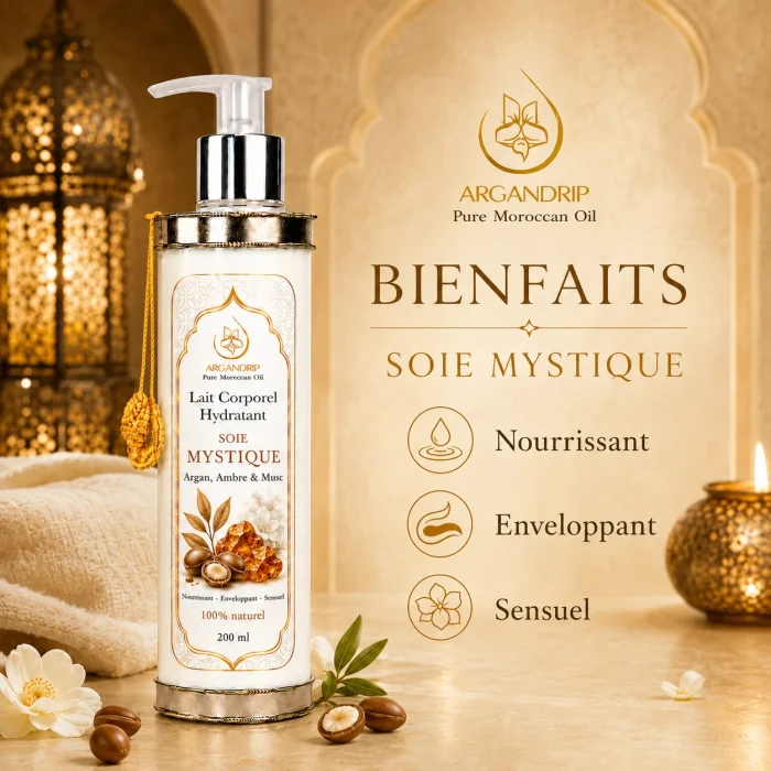 Lait corporel Soie Mystique Argan Ambre & Musc ArganDrip — peau nourrie enveloppée et sensuelle