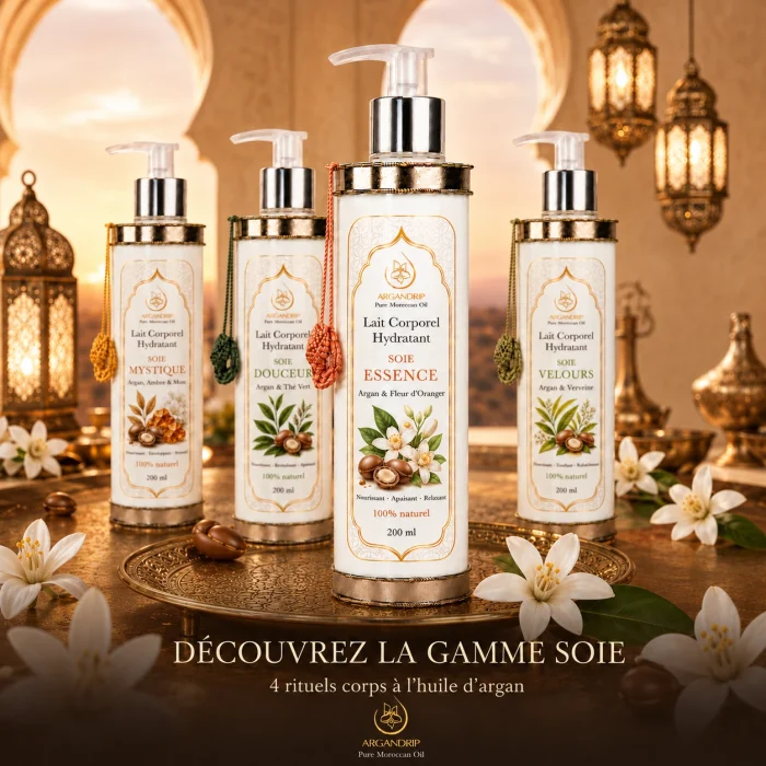 Gamme Soie ArganDrip avec Soie Essence Argan & Fleur d’Oranger — 4 rituels corps à l’huile d’argan