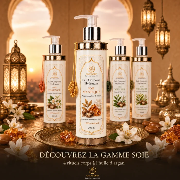 Gamme Soie ArganDrip avec Soie Mystique Argan Ambre & Musc — 4 rituels corps à l’huile d’argan