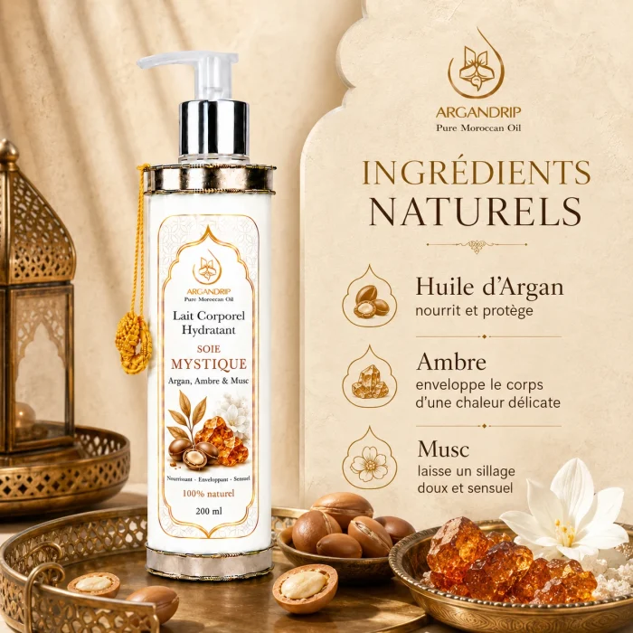 Lait corporel Soie Mystique Argan Ambre & Musc ArganDrip — huile d’argan ambre et musc