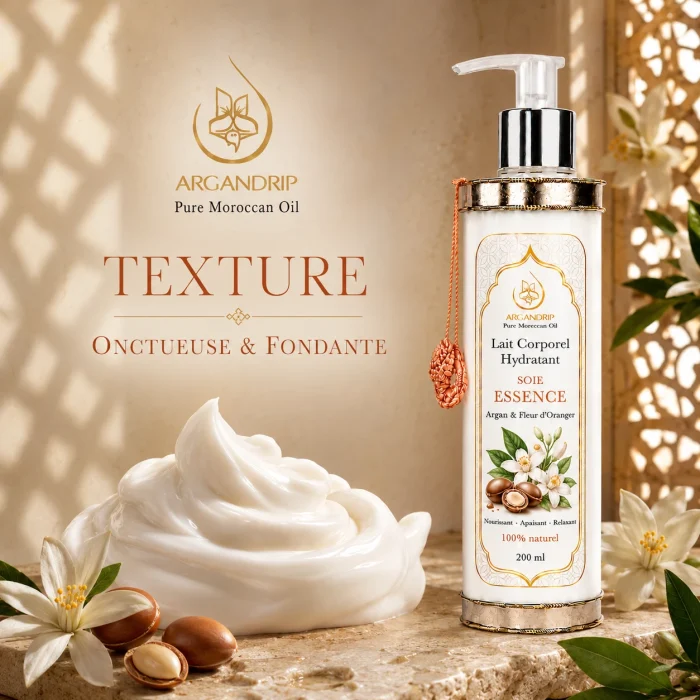Lait corporel Soie Essence Argan & Fleur d’Oranger ArganDrip — texture onctueuse et fondante