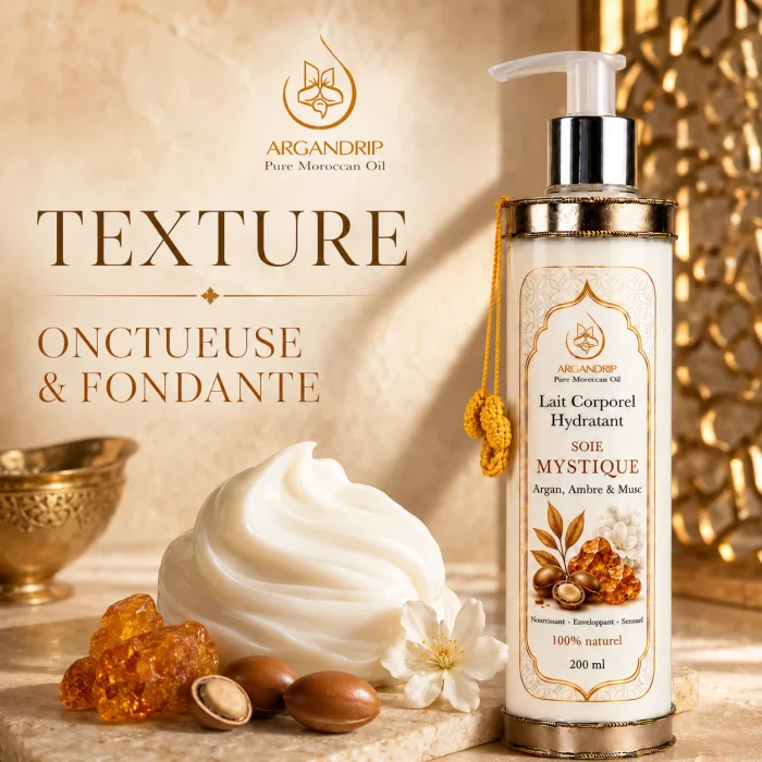 Lait corporel Soie Mystique Argan Ambre & Musc ArganDrip — texture onctueuse et fondante