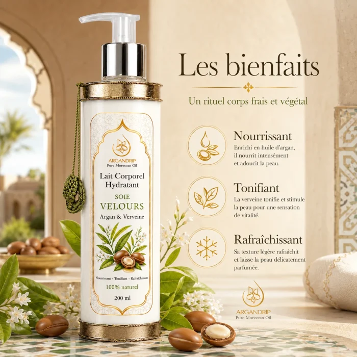 Lait corporel Soie Velours Argan & Verveine ArganDrip — peau nourrie tonifiée et rafraîchie