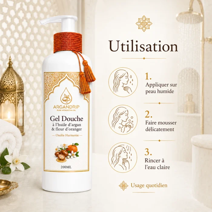 Gel douche Ondée Harmonie ArganDrip — rituel d’utilisation sous la douche