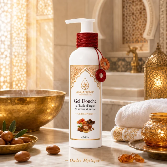 Gel douche Ondée Mystique ArganDrip — ambiance hammam marocain chaud et oriental