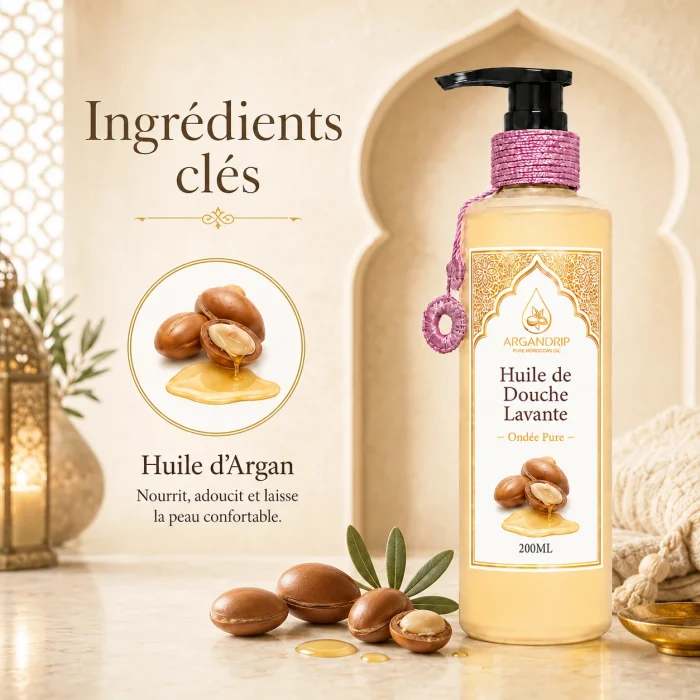 Huile de douche lavante Ondée Pure ArganDrip — huile d’argan et huile dorée