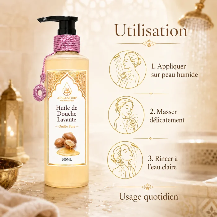 Huile de douche lavante Ondée Pure ArganDrip — rituel d’utilisation sous la douche