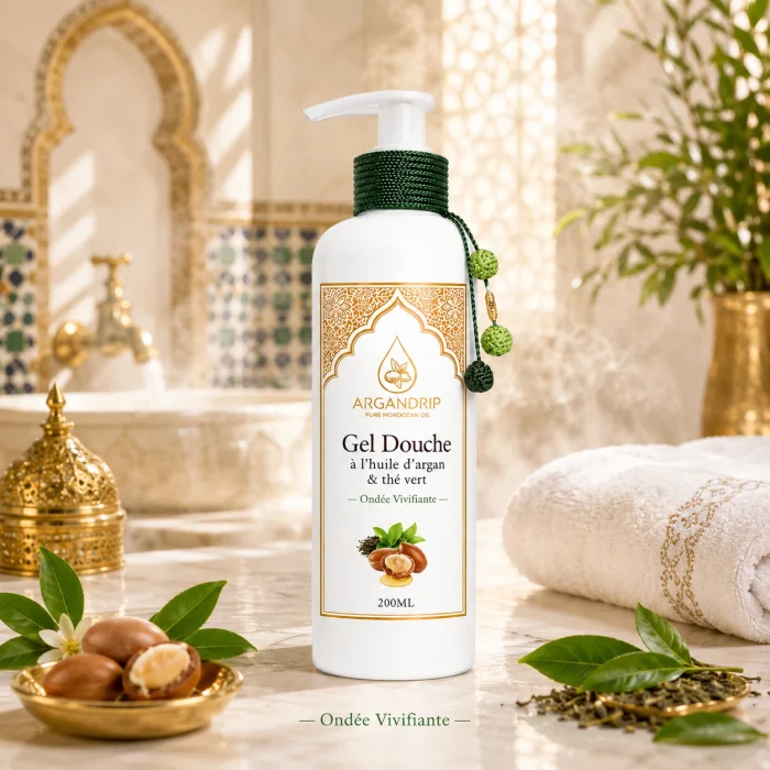 Gel douche Ondée Vivifiante ArganDrip — ambiance hammam marocain frais et lumineux