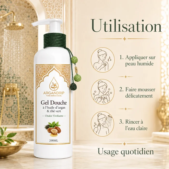 Gel douche Ondée Vivifiante ArganDrip — rituel d’utilisation sous la douche