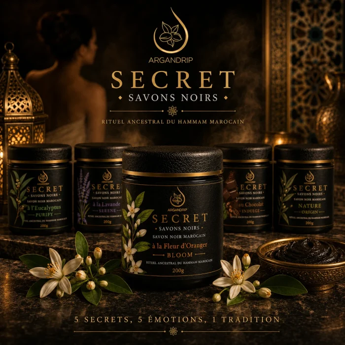 Gamme Secret ArganDrip avec Savon Noir à la Fleur d'Oranger Secret Bloom au premier plan