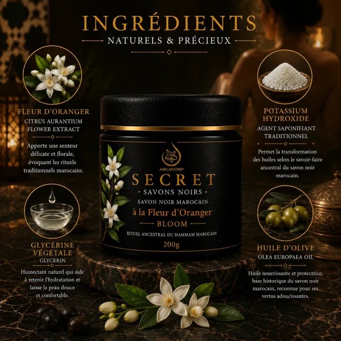 Ingrédients du Savon Noir à la Fleur d'Oranger Secret Bloom ArganDrip inspirés du hammam marocain
