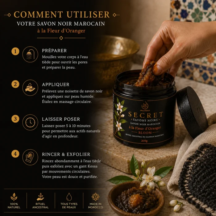 Utilisation du Savon Noir à la Fleur d'Oranger Secret Bloom ArganDrip pendant le rituel hammam