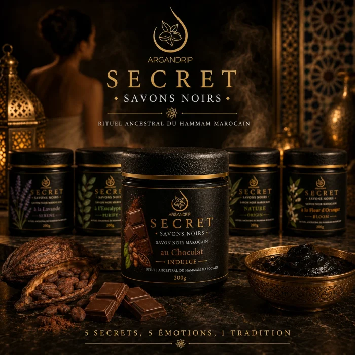 Gamme Secret ArganDrip avec Savon Noir au Chocolat Secret Indulge au premier plan