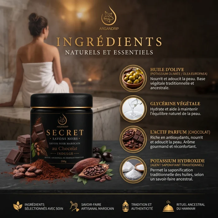 Ingrédients du Savon Noir au Chocolat Secret Indulge ArganDrip inspirés du hammam marocain