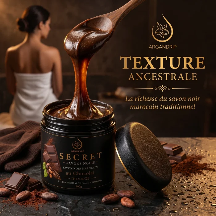 Texture gourmande du Savon Noir au Chocolat Secret Indulge ArganDrip