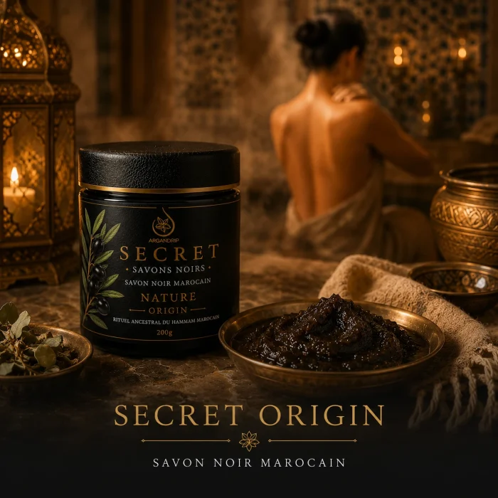 Savon Noir Nature Secret Origin ArganDrip dans un hammam marocain traditionnel