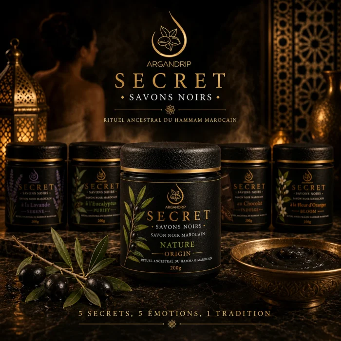 Gamme Secret ArganDrip avec Savon Noir Nature Secret Origin au premier plan