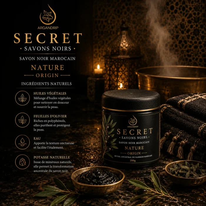 Ingrédients du Savon Noir Nature Secret Origin ArganDrip à base d'olive