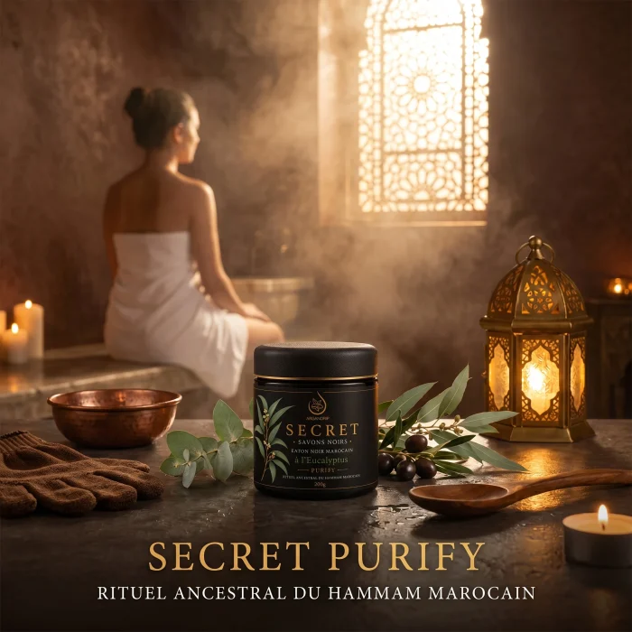 Savon Noir à l'Eucalyptus Secret Purify ArganDrip dans une ambiance hammam marocain