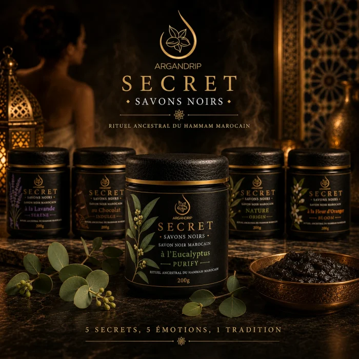 Gamme Secret ArganDrip avec Savon Noir à l'Eucalyptus Secret Purify au premier plan