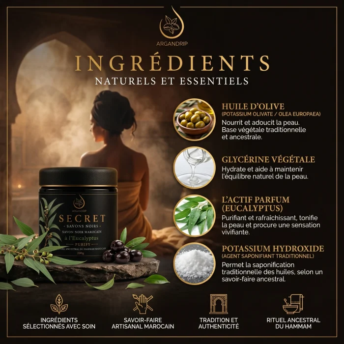 Ingrédients du Savon Noir à l'Eucalyptus Secret Purify ArganDrip inspirés du hammam marocain