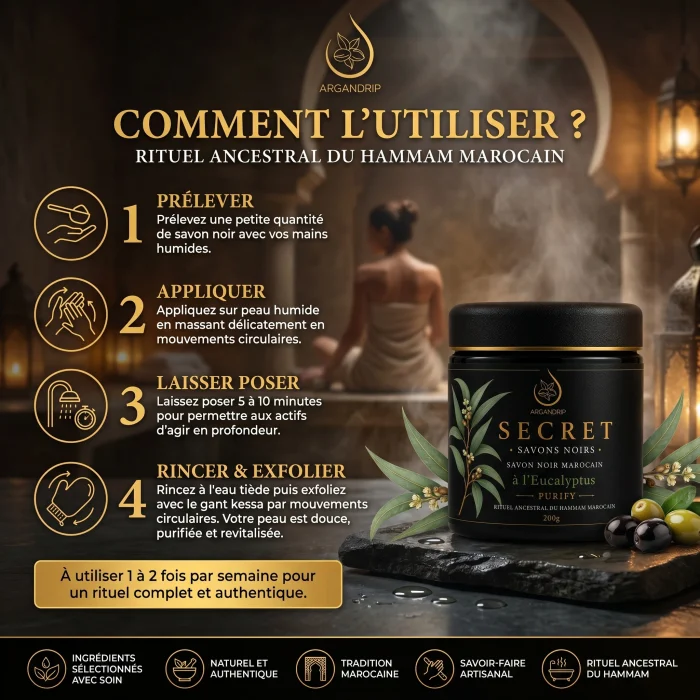 Utilisation du Savon Noir à l'Eucalyptus Secret Purify ArganDrip avec gant Kessa au hammam