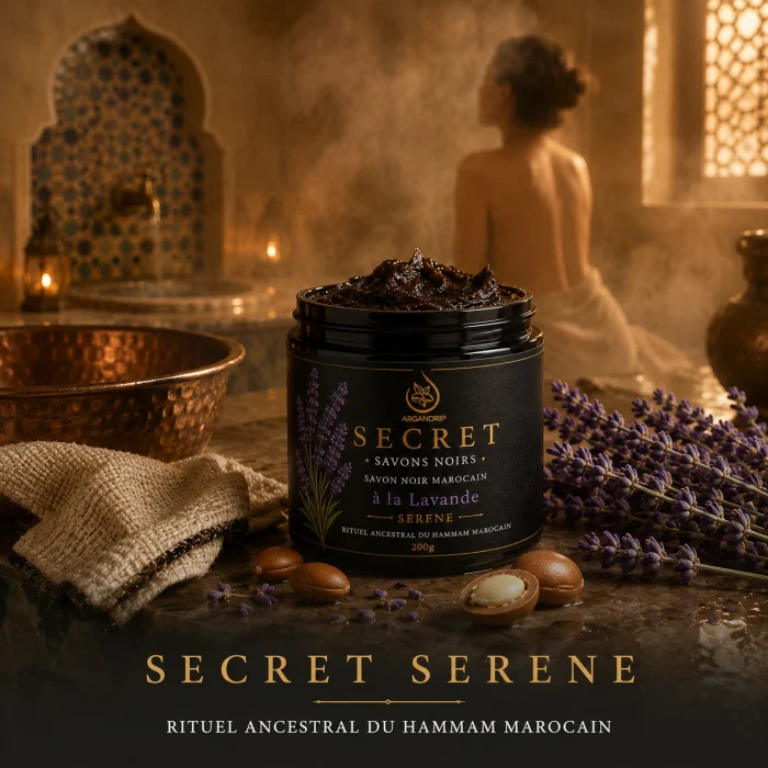Savon Noir à la Lavande Secret Serene ArganDrip dans une ambiance hammam relaxante