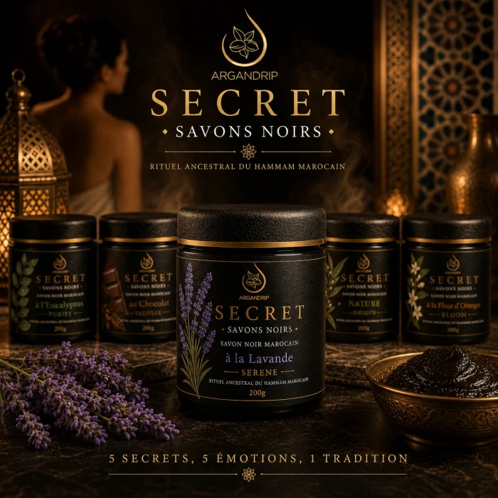 Gamme Secret ArganDrip avec Savon Noir à la Lavande Secret Serene au premier plan