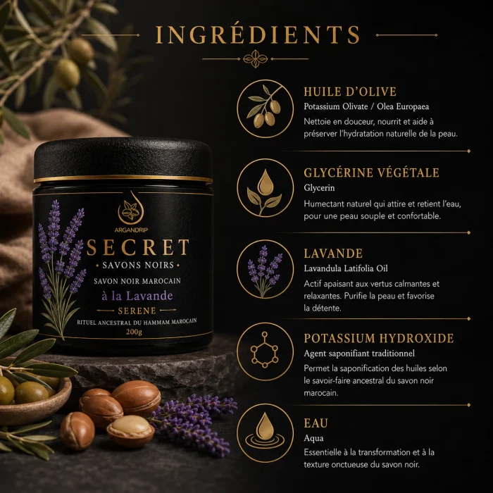 Ingrédients du Savon Noir à la Lavande Secret Serene ArganDrip inspirés du hammam marocain