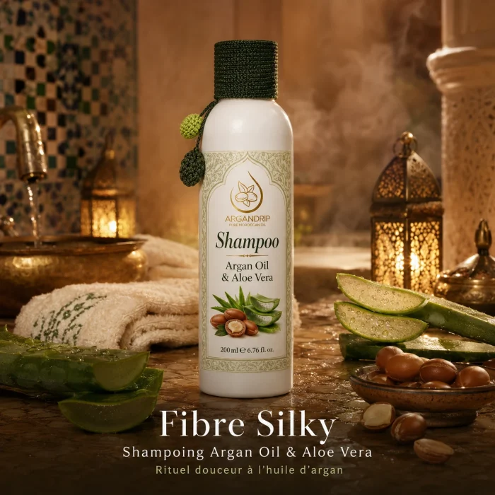 Shampoing ArganDrip Fibre Silky en ambiance hammam marocain premium
