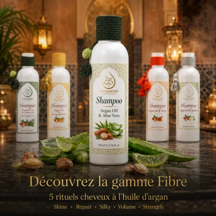 Gamme Fibre ArganDrip avec shampoing à l’huile d’argan et aloe vera au premier plan