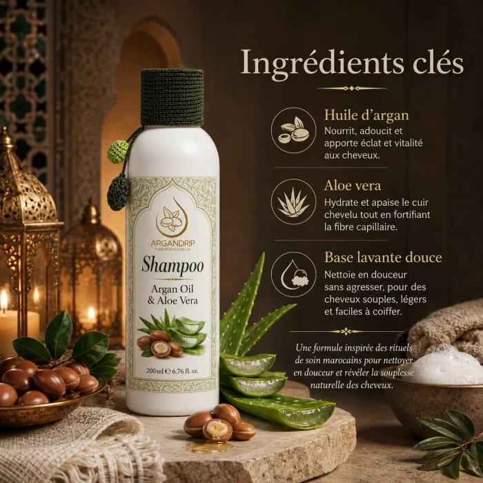 Ingrédients clés du shampoing ArganDrip à l’huile d’argan, aloe vera et base lavante douce