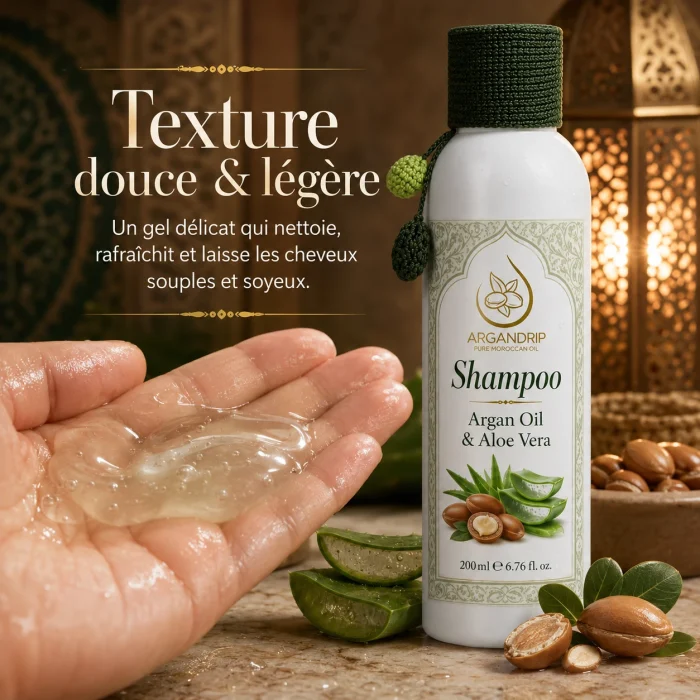 Texture douce et légère du shampoing ArganDrip à l’huile d’argan et aloe vera
