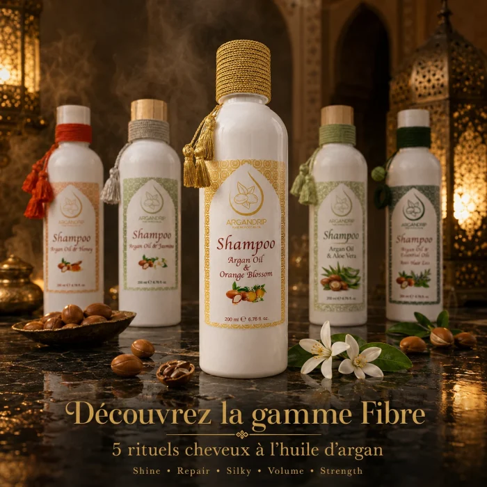Gamme Fibre ArganDrip avec shampoing à l’huile d’argan et fleur d’oranger au premier plan