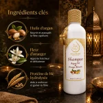 Ingrédients clés du shampoing ArganDrip à l’huile d’argan, fleur d’oranger et protéine de blé