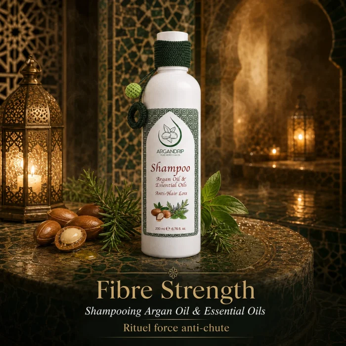 Shampoing ArganDrip Fibre Strength en ambiance hammam marocain premium