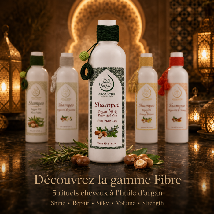 Gamme Fibre ArganDrip avec shampoing à l’huile d’argan et huiles essentielles au premier plan