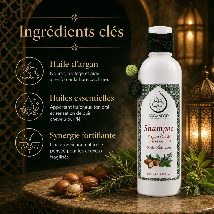 Ingrédients clés du shampoing ArganDrip à l’huile d’argan, huiles essentielles et actifs fortifiants