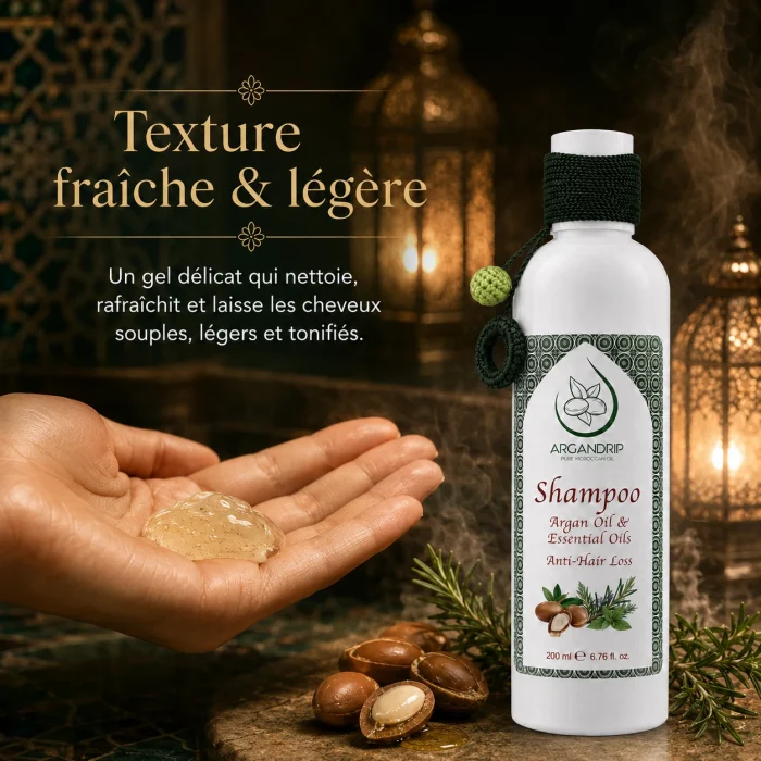 Texture fraîche et légère du shampoing ArganDrip à l’huile d’argan et huiles essentielles