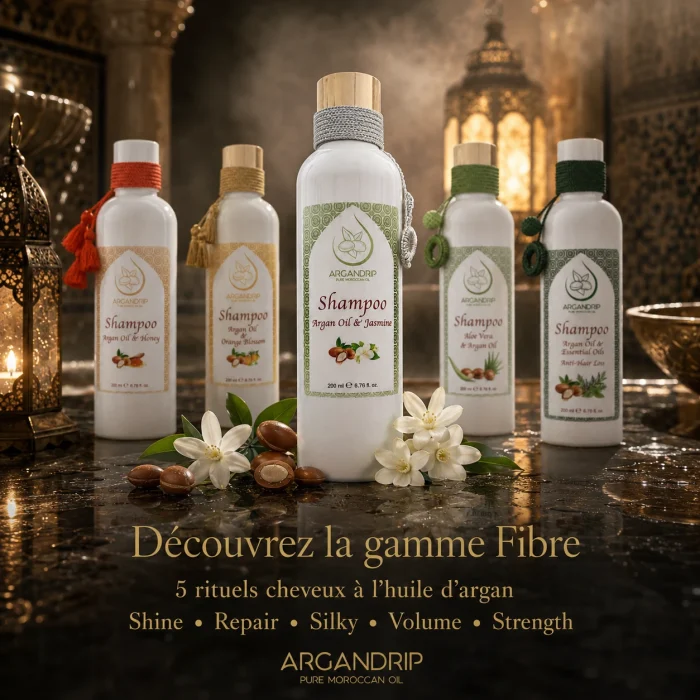 Gamme Fibre ArganDrip avec shampoing à l’huile d’argan et jasmin au premier plan