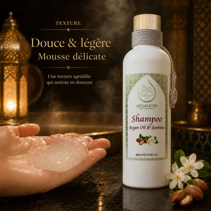 Texture douce et légère du shampoing ArganDrip à l’huile d’argan et jasmin