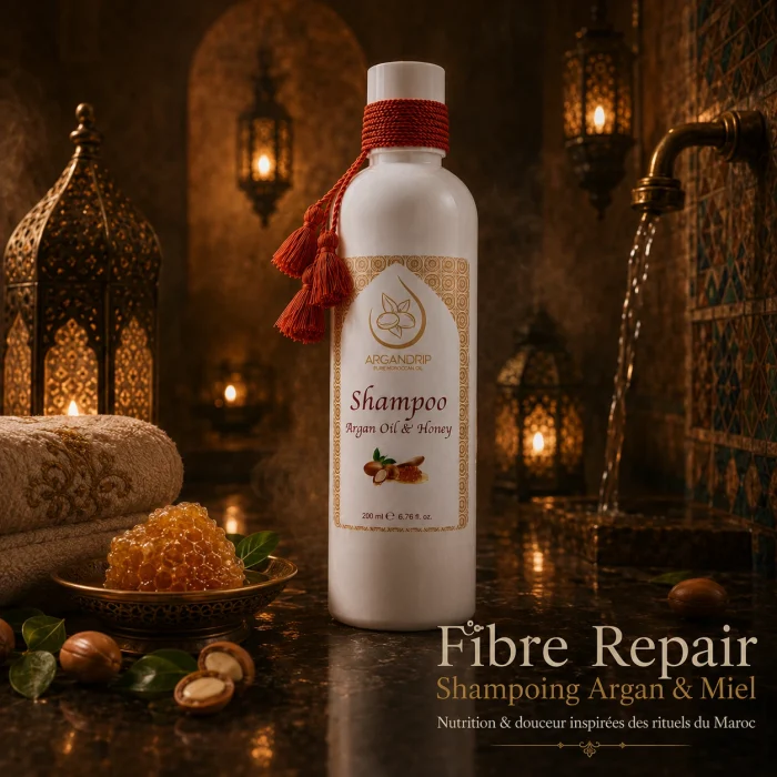 Shampoing ArganDrip Fibre Repair en ambiance hammam marocain premium